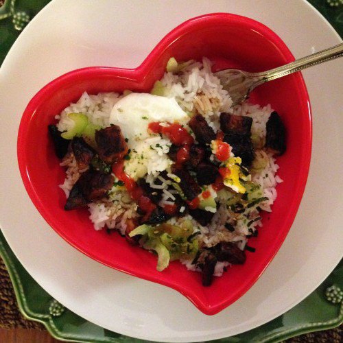 Rice Bowl with Poached Egg, Vegetables, Sriracha and Furikake Seasoning