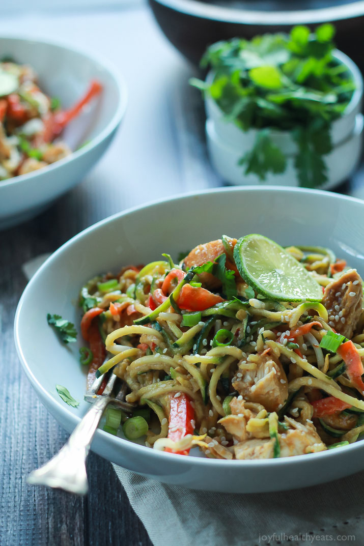 If you have as spiralizer, this is for you: Zucchini and carrot noodles plus other veggies and chicken in a spicy peanut butter sauce