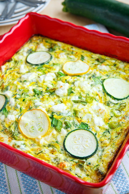 A light breakfast casserole made with zucchini and feta