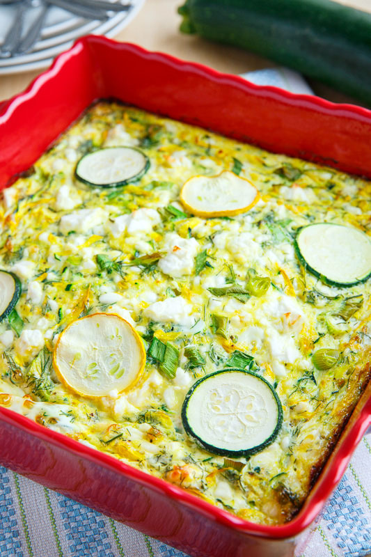 A light breakfast casserole made with zucchini and feta