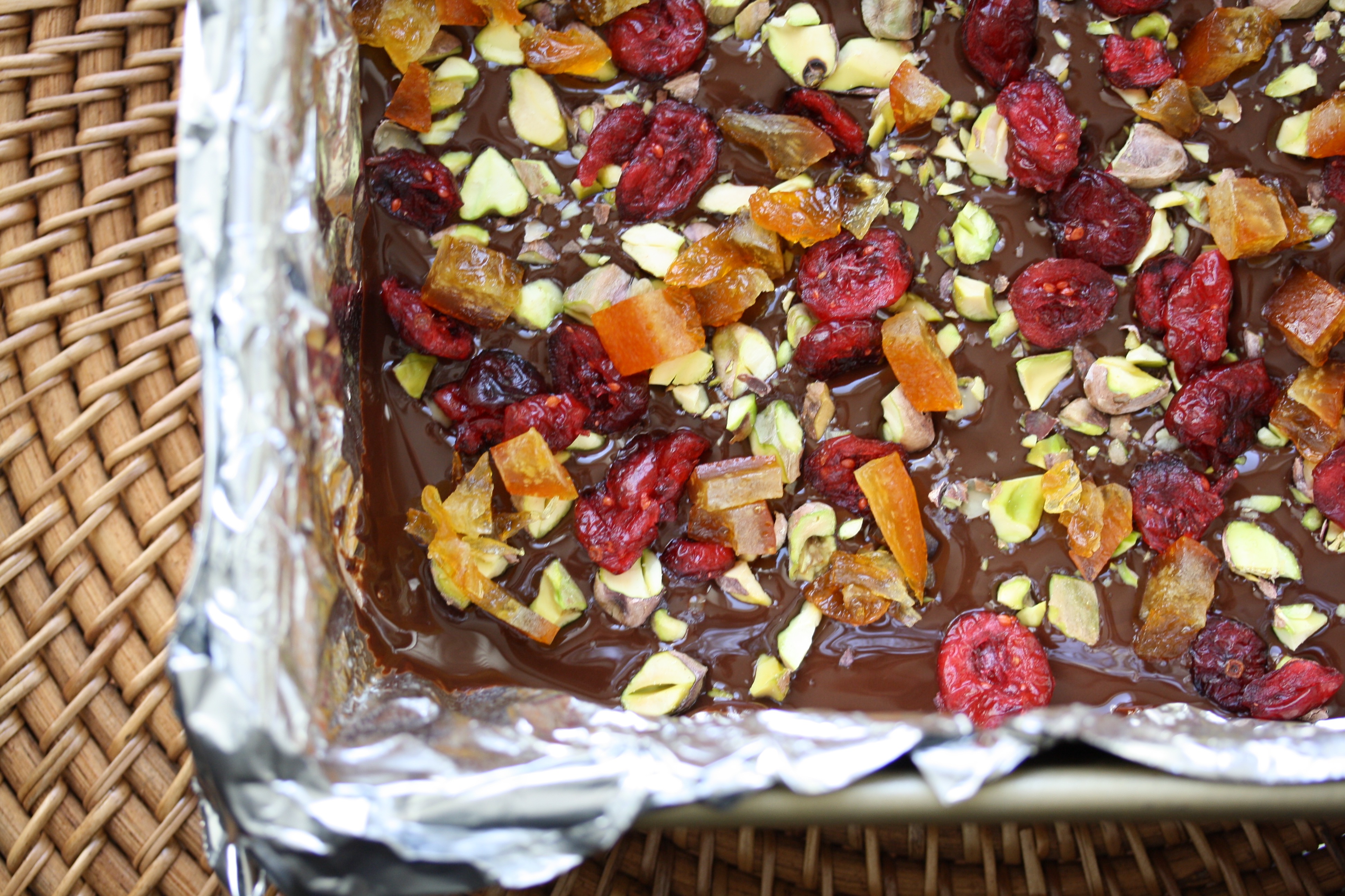 Thanksgiving Bark: Dark chocolate with candied orange peel, dried cranberries, and pistachios