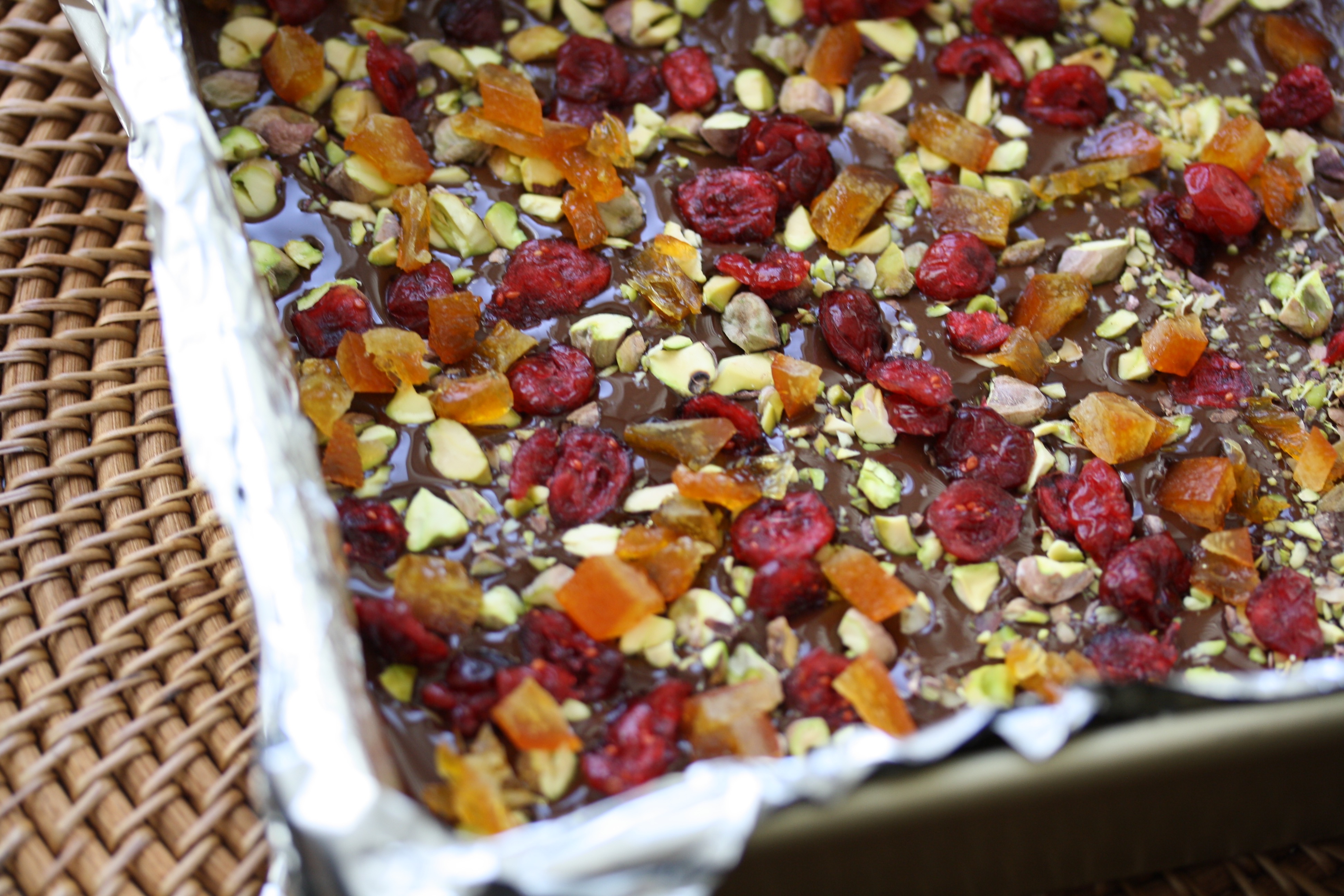 Thanksgiving Bark: Dark chocolate with candied orange peel, dried cranberries, and pistachios