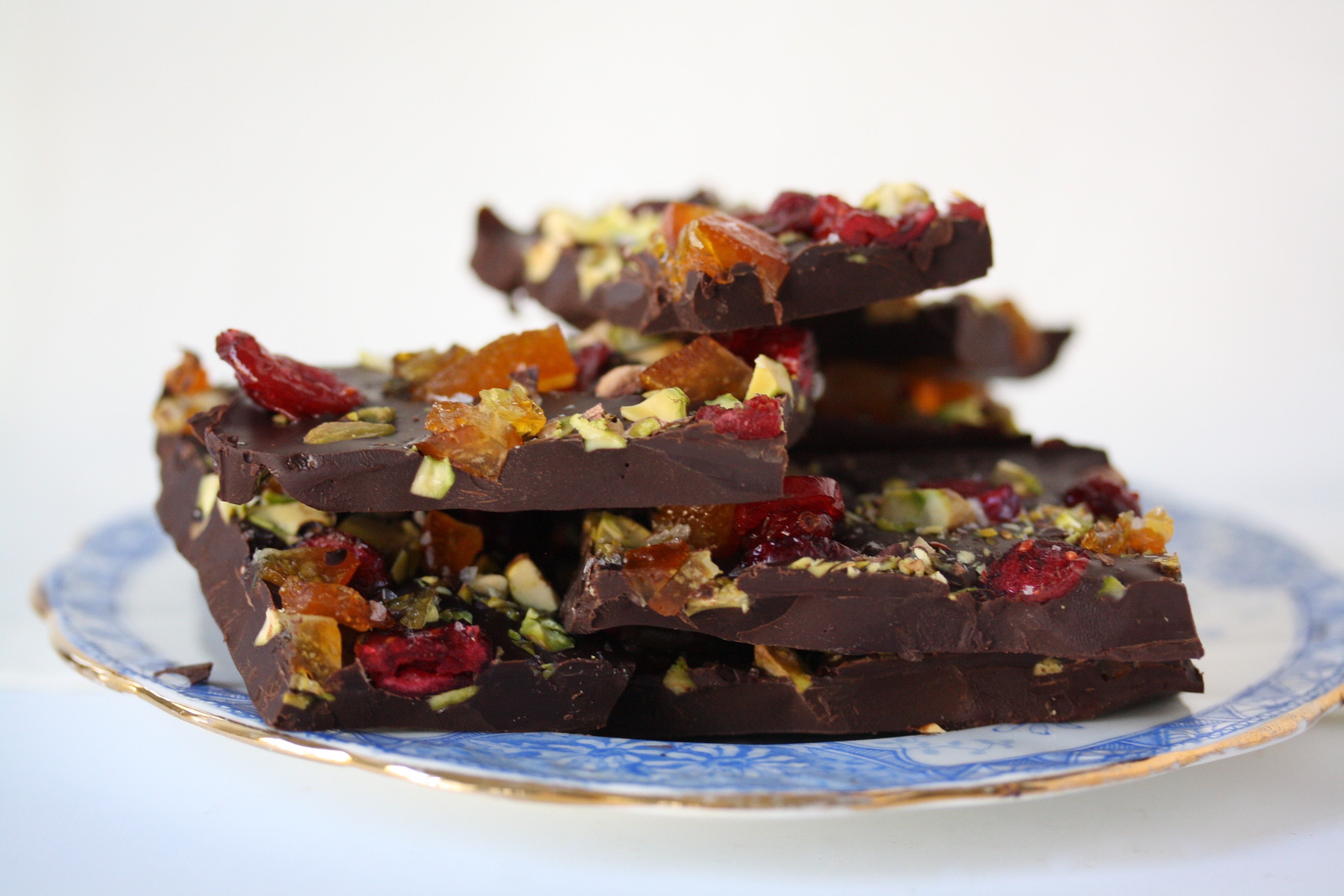 Thanksgiving Bark: Dark chocolate with candied orange peel, dried cranberries, and pistachios