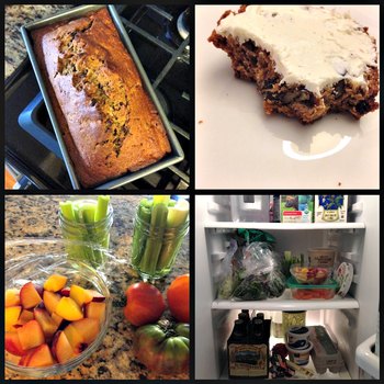 Clockwise: Whole wheat date nut bread; date nut bread slathered with whipped cream cheese; prepping healthy snacks; inside my fridge