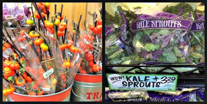 New at Trader Joes (L-R): Pumpkin "flowers" and kale sprouts.