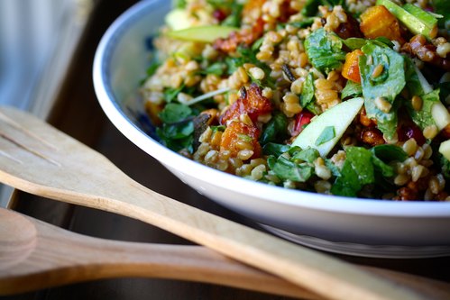 Wheat Berry Salad with Roasted Butternut Squash and Warm Cider Vinaigrette (Vegan)