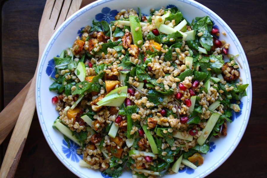 Wheat Berry Salad with Roasted Butternut Squash and Warm Cider Vinaigrette (Vegan)