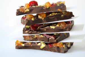 Thanksgiving Bark: Dark chocolate with candied orange peel, dried cranberries, and pistachios