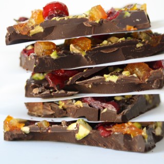 Thanksgiving Bark: Dark chocolate with candied orange peel, dried cranberries, and pistachios